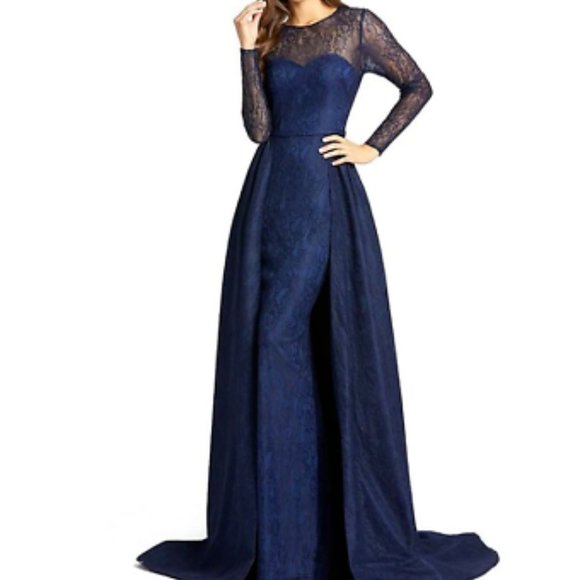 MAC DUGGAL LACE LONG SLEEVE ILLUSIONS CREW NECK NAVY BALL-GOWN sz 4 - Picture 1 of 6